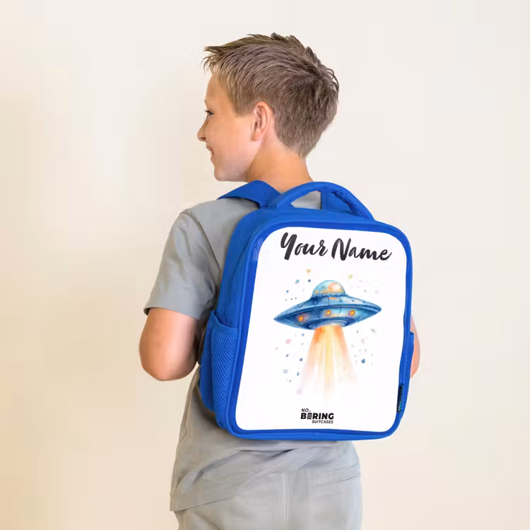 Blauw ruimteschip met lichtstraal Kinderrugzak - Blauw middel -sfeer2