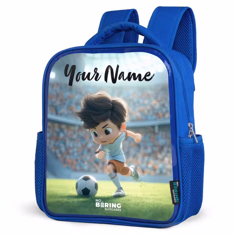 Jongen - Voetbal - Stadion - Zonlicht Kinderrugzak - Blauw middel -schuin