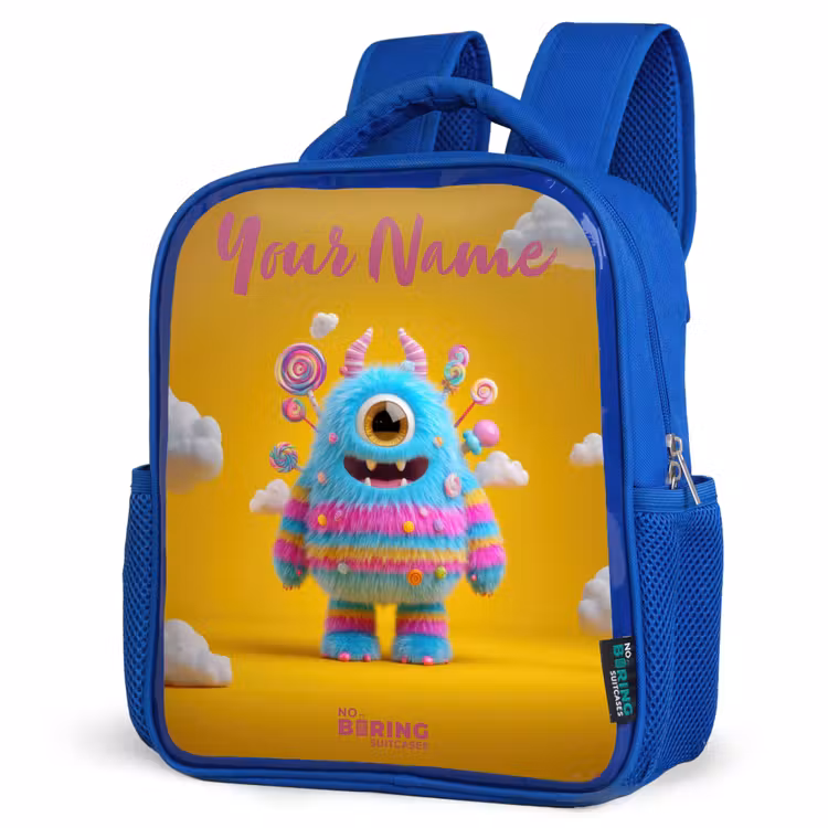 Snoep - Monster - Regenboog Kinderrugzak - Blauw middel -schuin