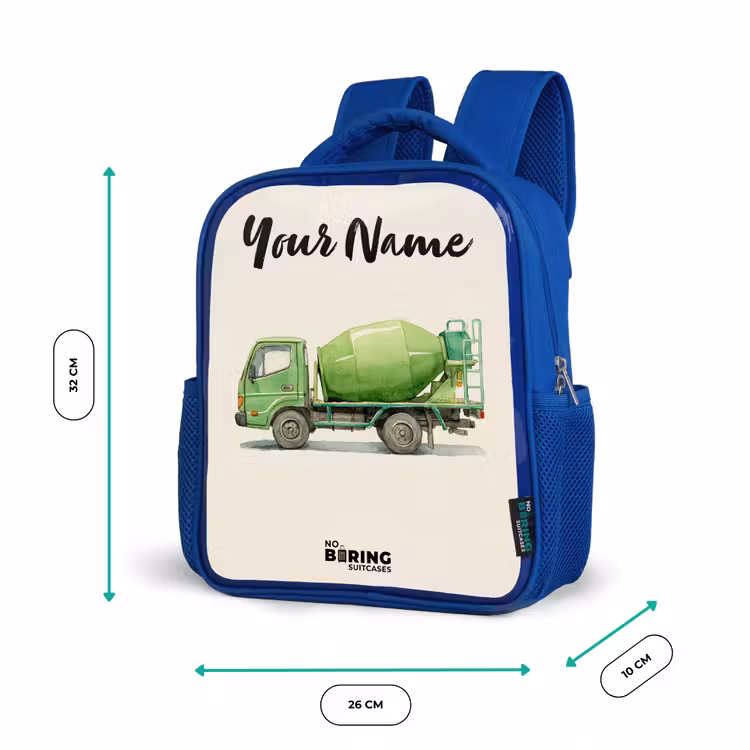 Betonmixer - Getekend - Groen Kinderrugzak - Blauw middel -productfoto_formaten
