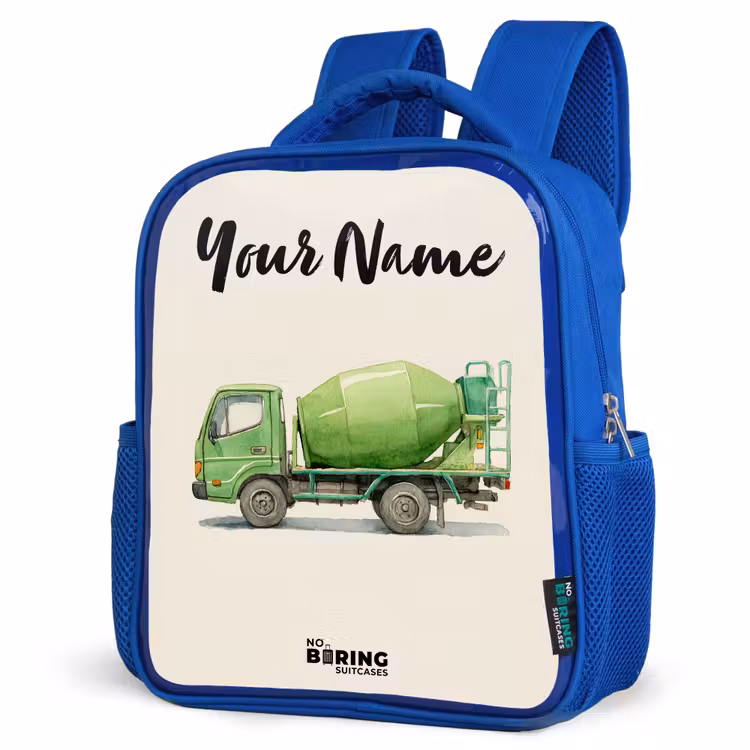 Betonmixer - Getekend - Groen Kinderrugzak - Blauw middel -schuin