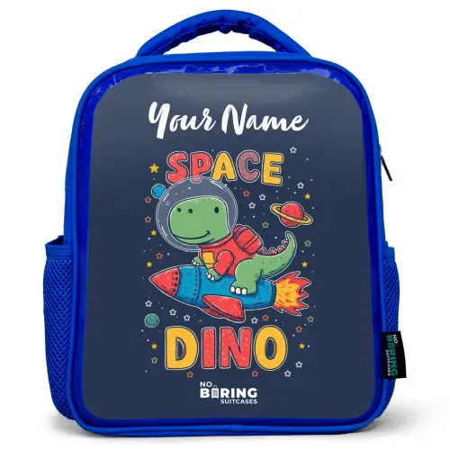Dinosaurus - Groen - Raket - Sterrenhemel Kinderrugzak - Blauw middel -3d