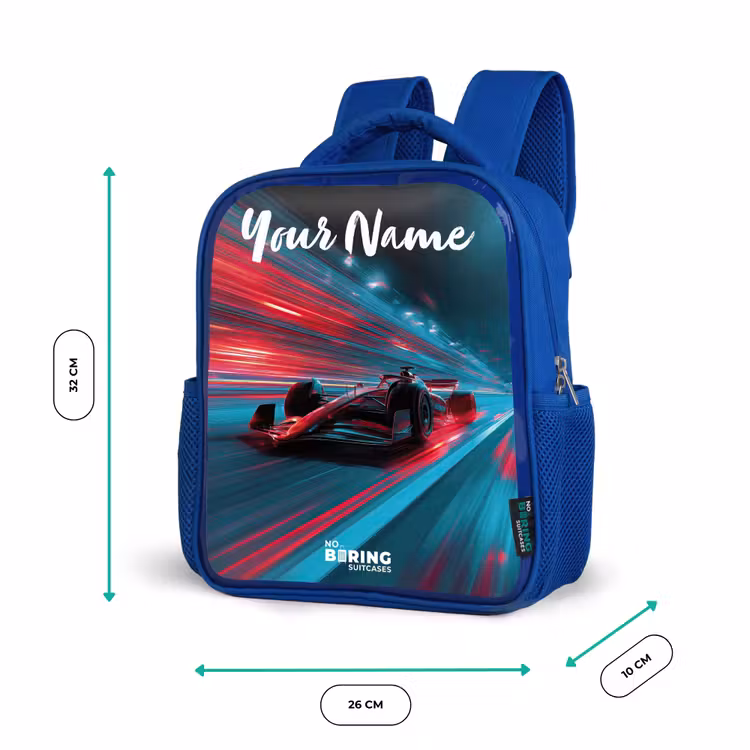 Formule 1 - Raceauto - Rood - Neonverlichting Kinderrugzak - Blauw middel -productfoto_formaten
