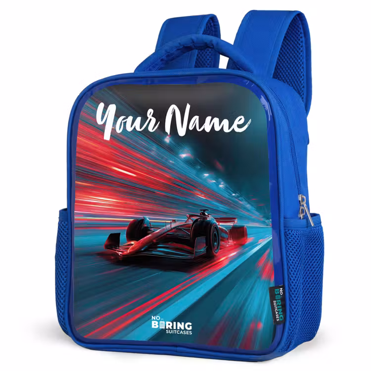 Formule 1 - Raceauto - Rood - Neonverlichting Kinderrugzak - Blauw middel -schuin