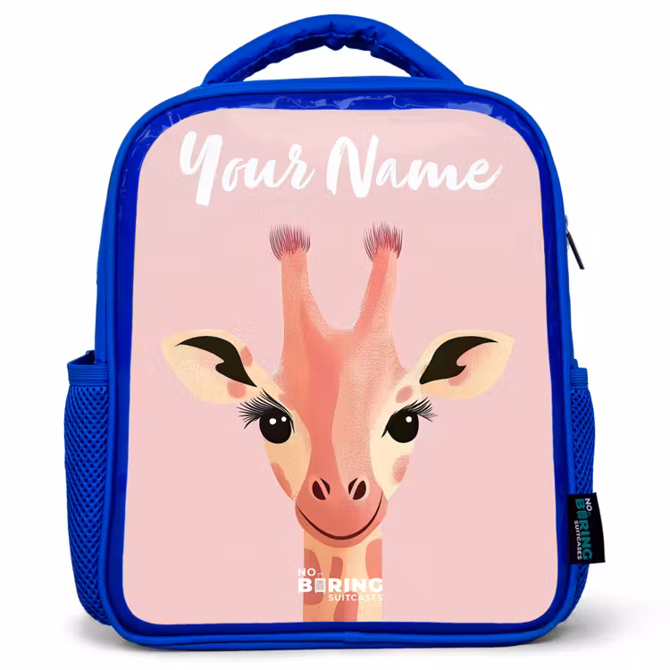 Giraffe - Wimpers - Minimalistisch - Roze Kinderrugzak - Blauw middel -3d