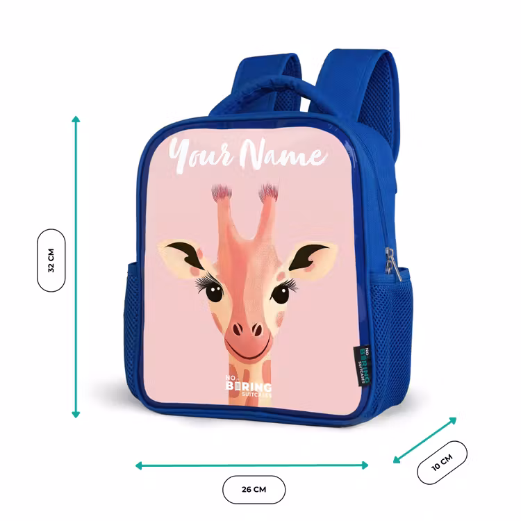 Giraffe - Wimpers - Minimalistisch - Roze Kinderrugzak - Blauw middel -productfoto_formaten