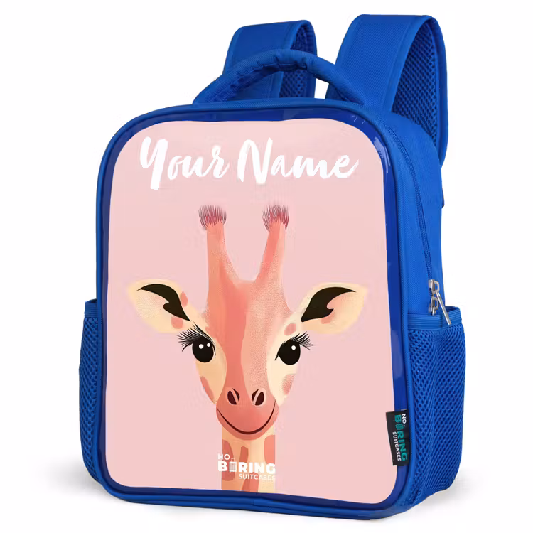 Giraffe - Wimpers - Minimalistisch - Roze Kinderrugzak - Blauw middel -schuin