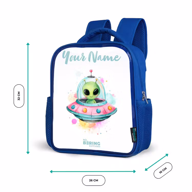 Groene alien in kleurrijke UFO Kinderrugzak - Blauw middel -productfoto_formaten