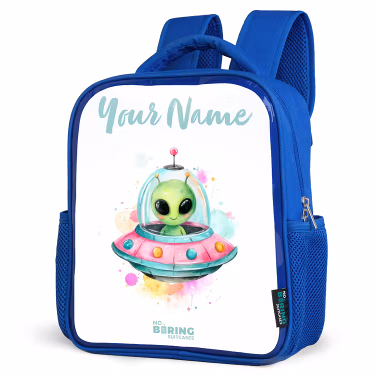 Groene alien in kleurrijke UFO Kinderrugzak - Blauw middel -schuin