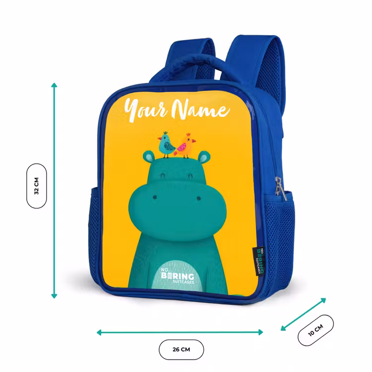 Nijlpaard - Vogels - Geel Kinderrugzak - Blauw middel -productfoto_formaten