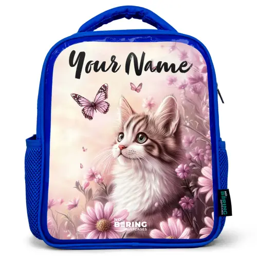 Kitten - Vlinders - Paars - Bloemen Kinderrugzak - Blauw middel -3d