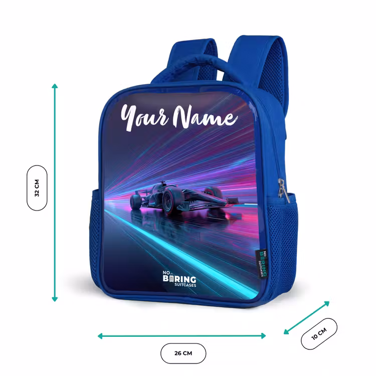 Lichtstralen - Neon - Racewagen - Paars Kinderrugzak - Blauw middel -productfoto_formaten