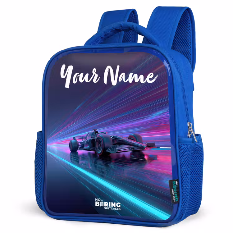 Lichtstralen - Neon - Racewagen - Paars Kinderrugzak - Blauw middel -schuin