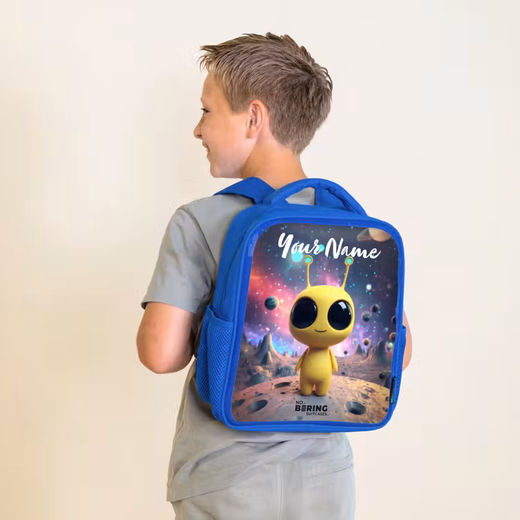 Vrolijk buitenaards wezentje Kinderrugzak - Blauw middel -sfeer2