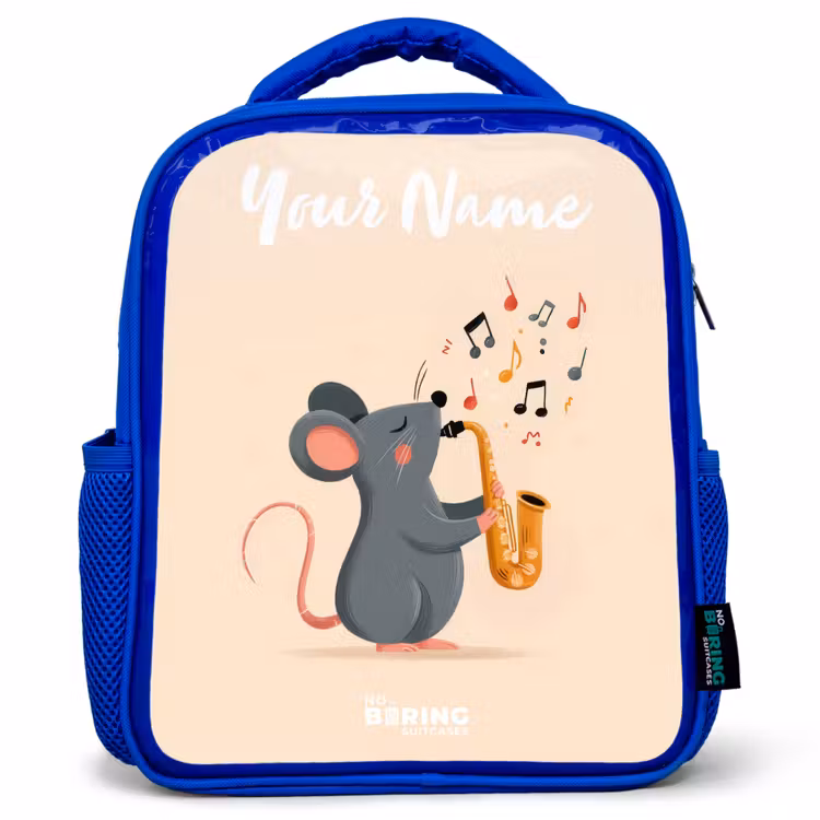 Muis - Saxofoon - Muziek Kinderrugzak - Blauw middel -3d