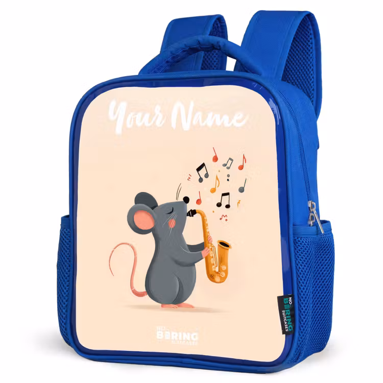 Muis - Saxofoon - Muziek Kinderrugzak - Blauw middel -schuin