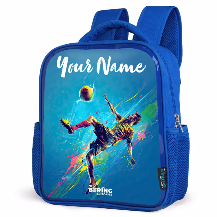 Neon - Voetbal - Schop - Kleurrijk Kinderrugzak - Blauw middel -schuin