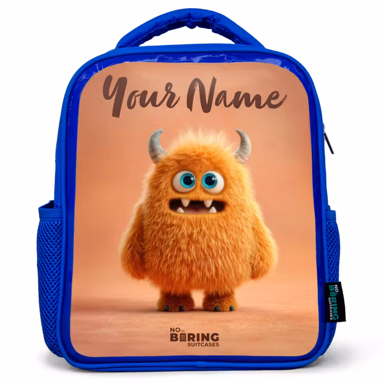 Oranje Pluizig Monster met Hoorns Kinderrugzak - Blauw middel -3d