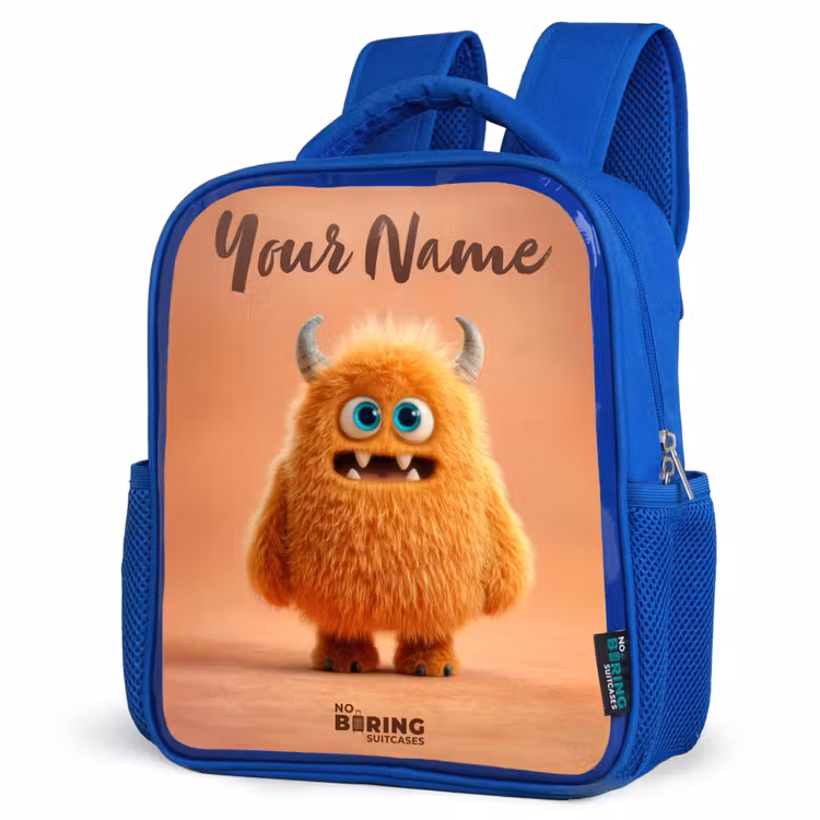 Oranje Pluizig Monster met Hoorns Kinderrugzak - Blauw middel -schuin