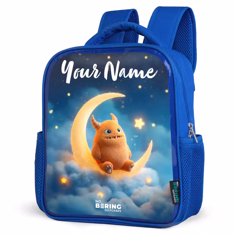 Oranje monster op maansikkel Kinderrugzak - Blauw middel -schuin
