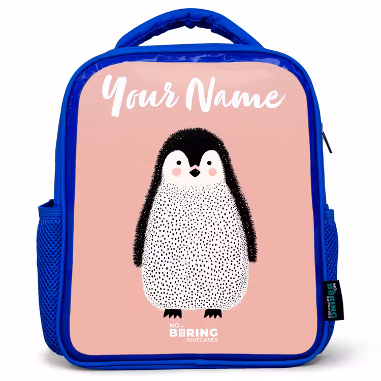 Pinguïn - Stippen - Roze - Minimalistisch Kinderrugzak - Blauw middel -3d