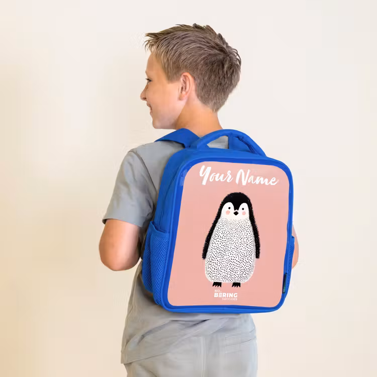 Pinguïn - Stippen - Roze - Minimalistisch Kinderrugzak - Blauw middel -sfeer2
