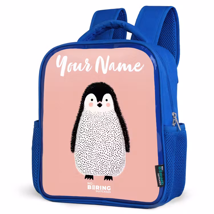 Pinguïn - Stippen - Roze - Minimalistisch Kinderrugzak - Blauw middel -schuin