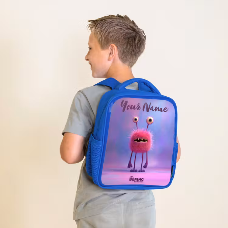 Roze harig monster met grote ogen Kinderrugzak - Blauw middel -sfeer2