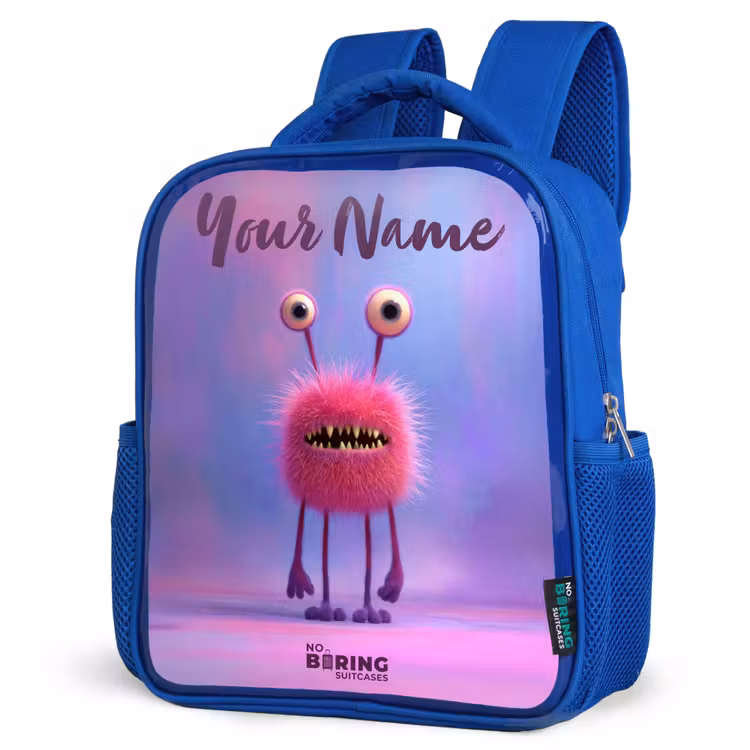 Roze harig monster met grote ogen Kinderrugzak - Blauw middel -schuin