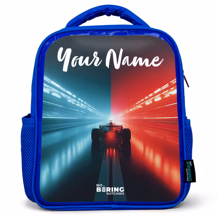 Raceauto - Verlichting - Neon - Rood Kinderrugzak - Blauw middel -3d
