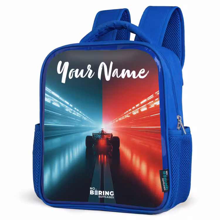 Raceauto - Verlichting - Neon - Rood Kinderrugzak - Blauw middel -schuin