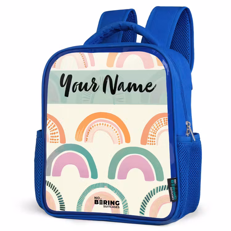 Regenboog - Pastel - Patroon Kinderrugzak - Blauw middel -schuin