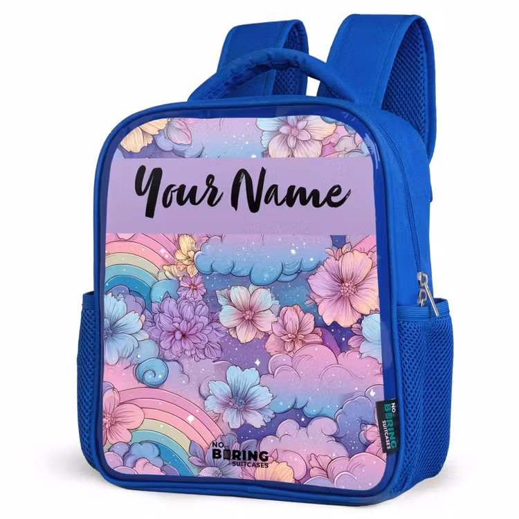 Regenbogen - Bloemen - Kleurrijk Kinderrugzak - Blauw middel -schuin