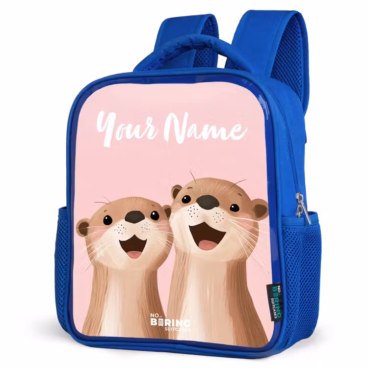 Glimlach - Otters - Roze - Illustratie Kinderrugzak - Blauw middel -schuin