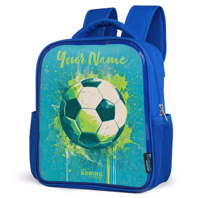Voetbalvibes - Verfspatten - Groen - Blauw Kinderrugzak - Blauw middel -schuin