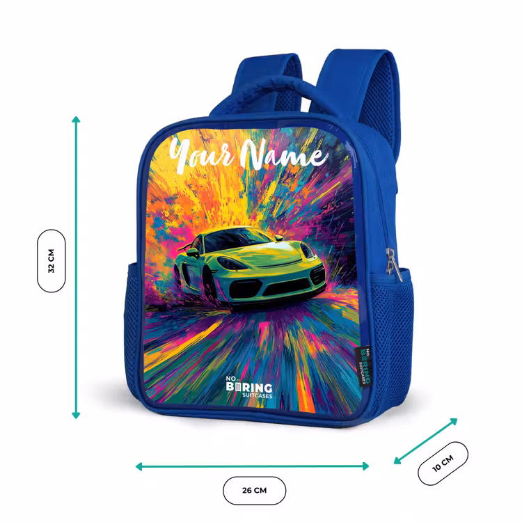 Sportauto - Groen - Verfstrepen - Kleuren Kinderrugzak - Blauw middel -productfoto_formaten