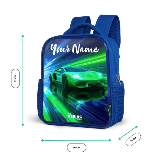 Sportauto - Groen - Snelheidslijnen - Neon Kinderrugzak - Blauw middel -productfoto_formaten