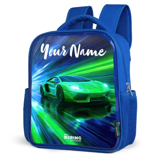 Sportauto - Groen - Snelheidslijnen - Neon Kinderrugzak - Blauw middel -schuin