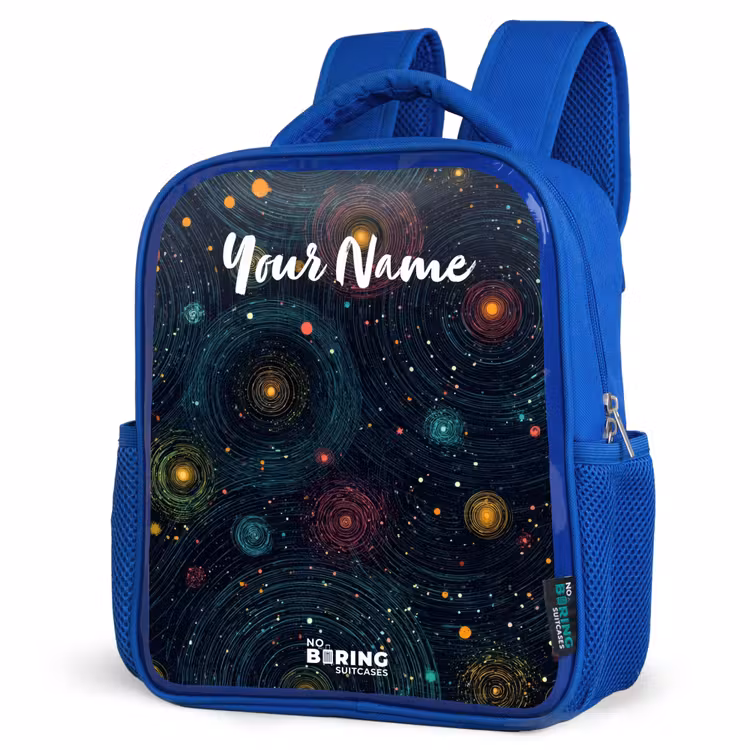 Sterren - Planeten - Kleurrijk Kinderrugzak - Blauw middel -schuin