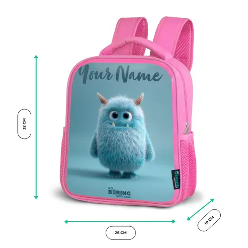 Blauw pluizig monster met hoorns Kinderrugzak - Roze middel -productfoto_formaten