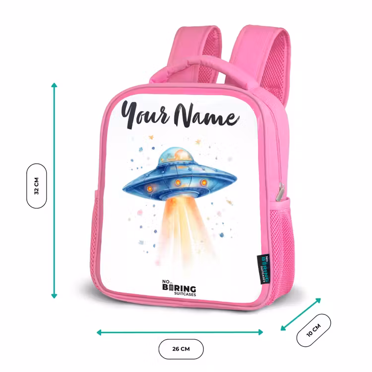 Blauw ruimteschip met lichtstraal Kinderrugzak - Roze middel -productfoto_formaten