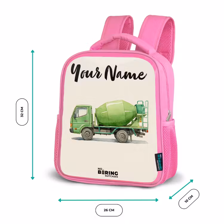 Betonmixer - Getekend - Groen Kinderrugzak - Roze middel -productfoto_formaten