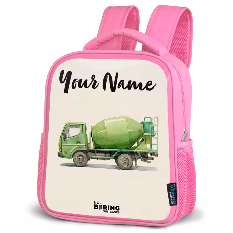 Betonmixer - Getekend - Groen Kinderrugzak - Roze middel -schuin