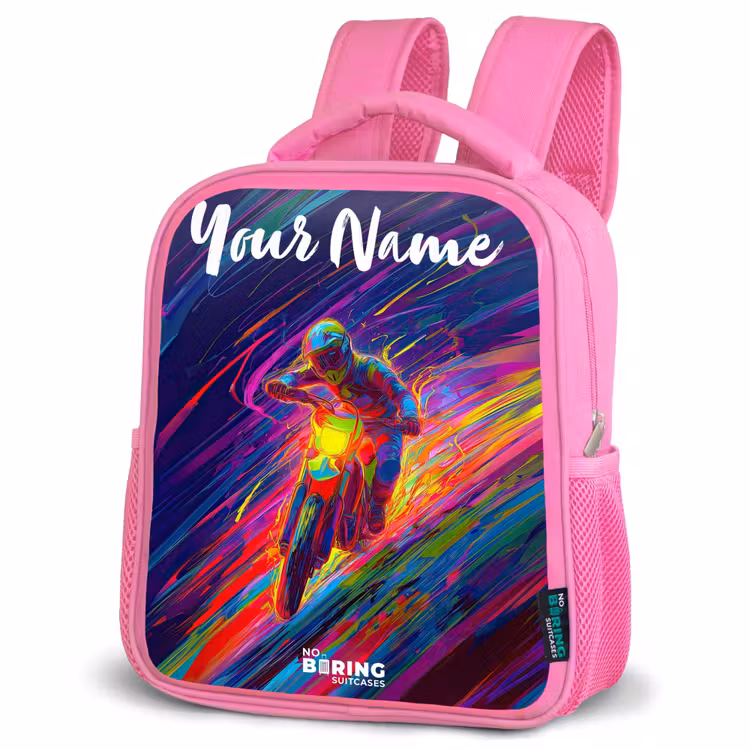 Crossmotor - Neonkleuren - Lijnen - Helm Kinderrugzak - Roze middel -schuin