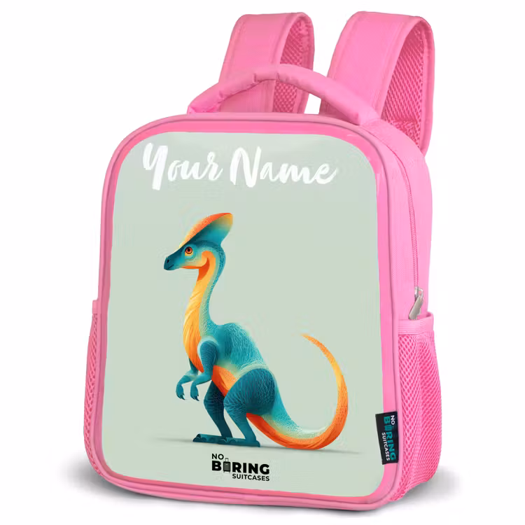 Dino - Blauw - Dier Kinderrugzak - Roze middel -schuin