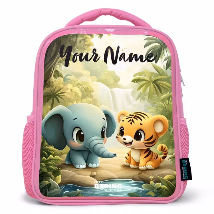 Olifant - Tijger - Bos - Jungle Kinderrugzak - Roze middel -3d