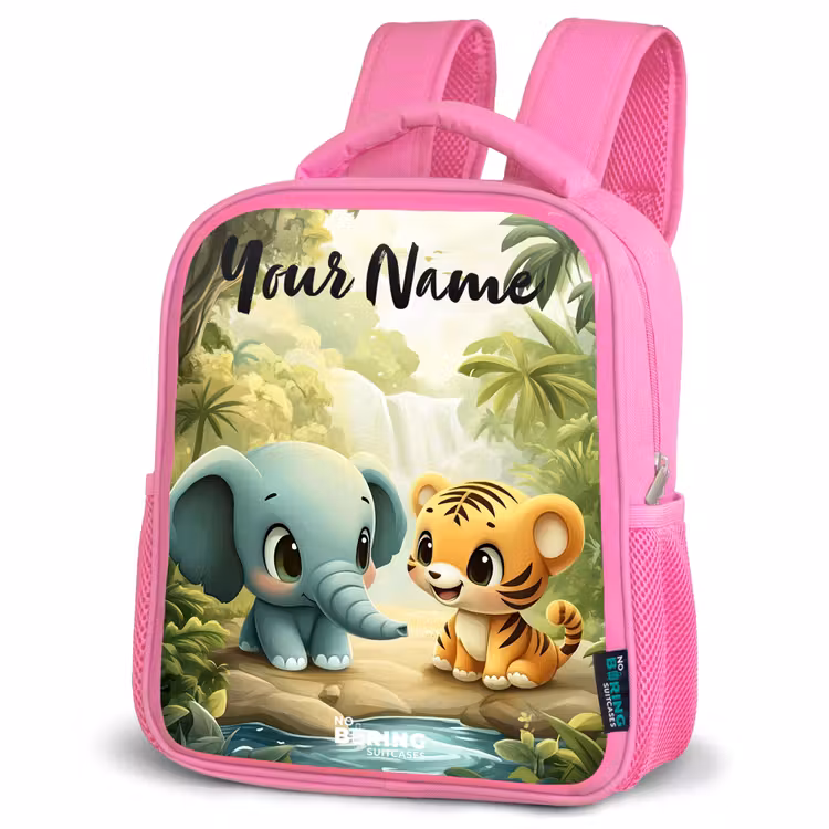 Olifant - Tijger - Bos - Jungle Kinderrugzak - Roze middel -schuin