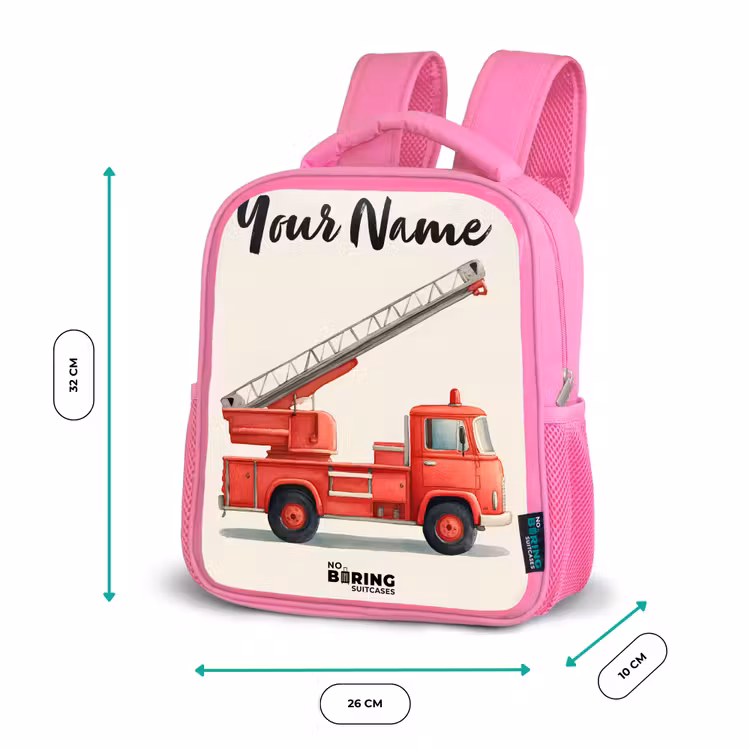 Brandweerwagen - Getekend - Rood Kinderrugzak - Roze middel -productfoto_formaten