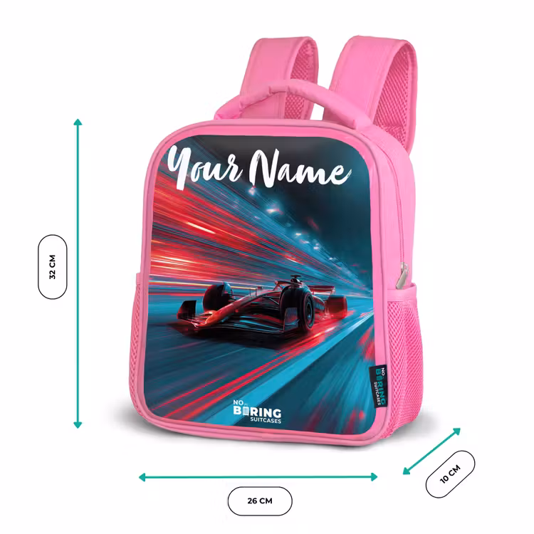 Formule 1 - Raceauto - Rood - Neonverlichting Kinderrugzak - Roze middel -productfoto_formaten