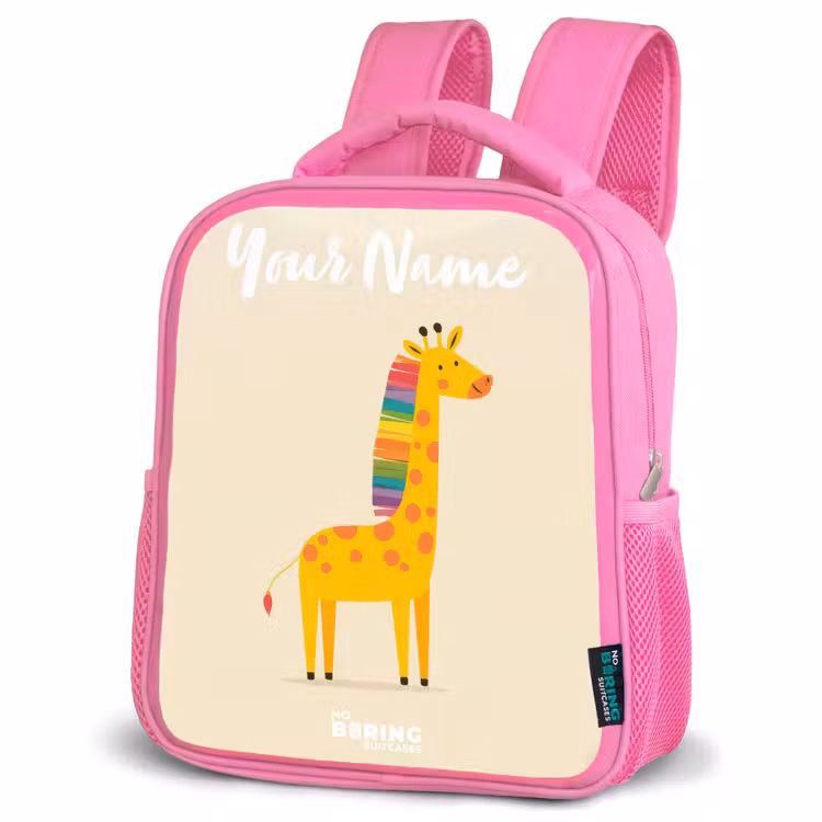 Giraffe - Dier - Kleurrijk Kinderrugzak - Roze middel -schuin